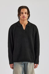 Rib Knit V Neck - Black