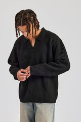 Rib Knit V Neck - Black