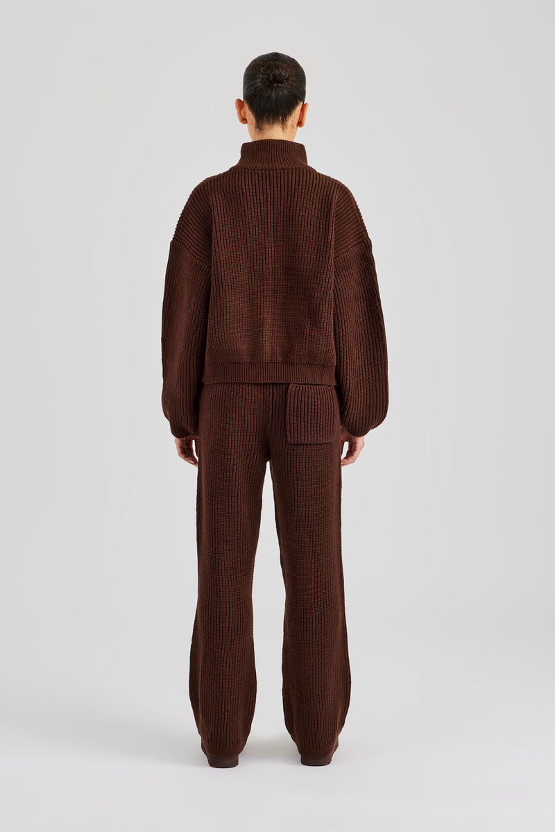 Ribbed Knitted Funnel Neck Sweater & Straight Leg Jogger - Chocolate