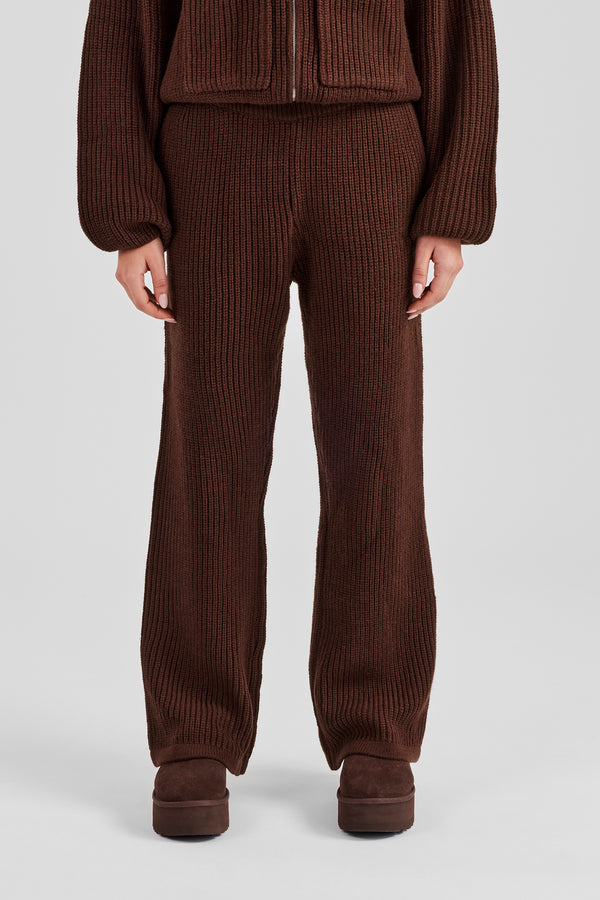 Ribbed Knitted Straight Leg Jogger - Chocolate