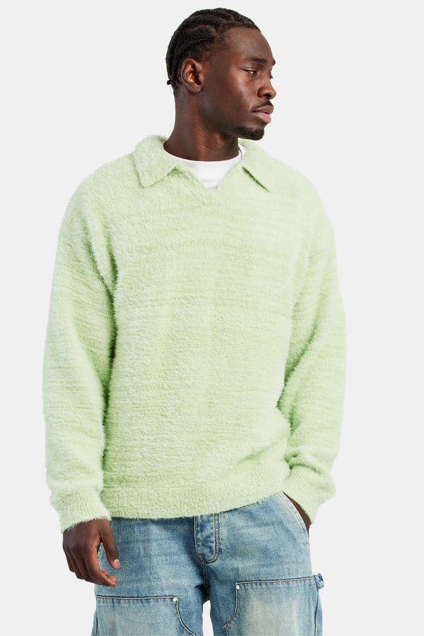 Knitted V Neck Polo - Lime