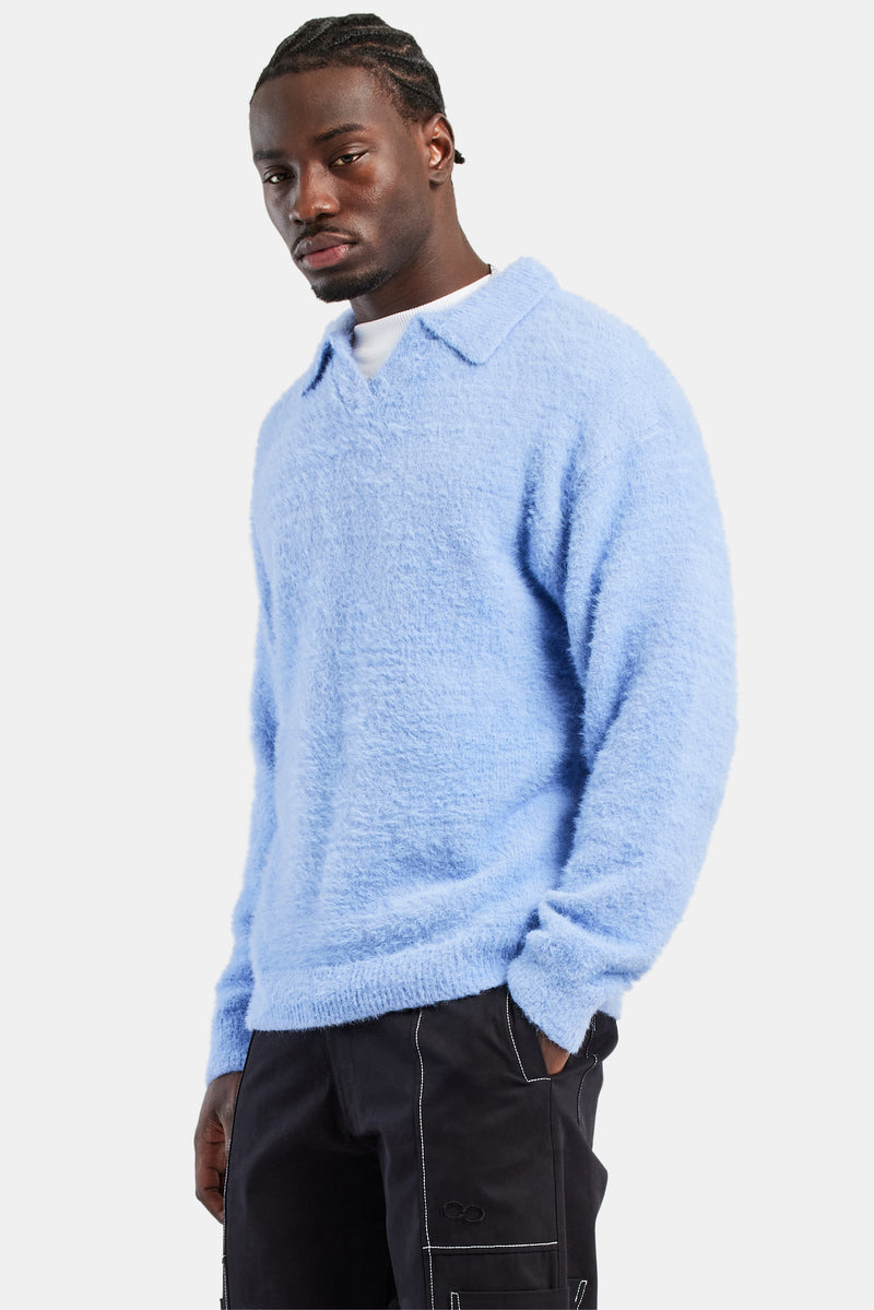 Knitted V Neck Polo - Powder Blue