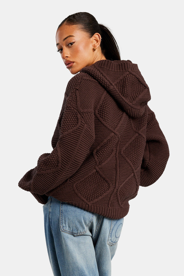 Womens CCC Cable Knit Varsity Hoodie - Chocolate