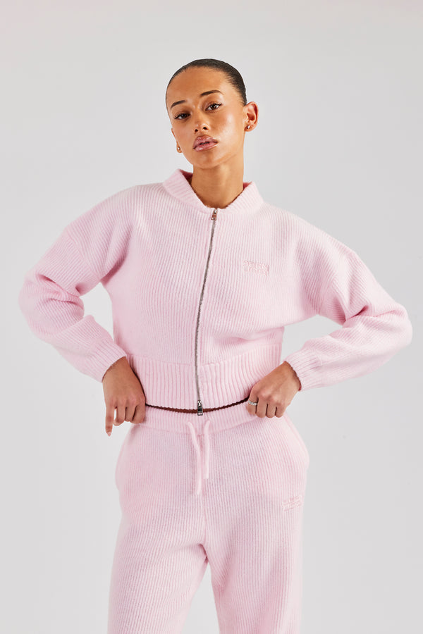 Knitted Zip Front Bomber - Baby Pink