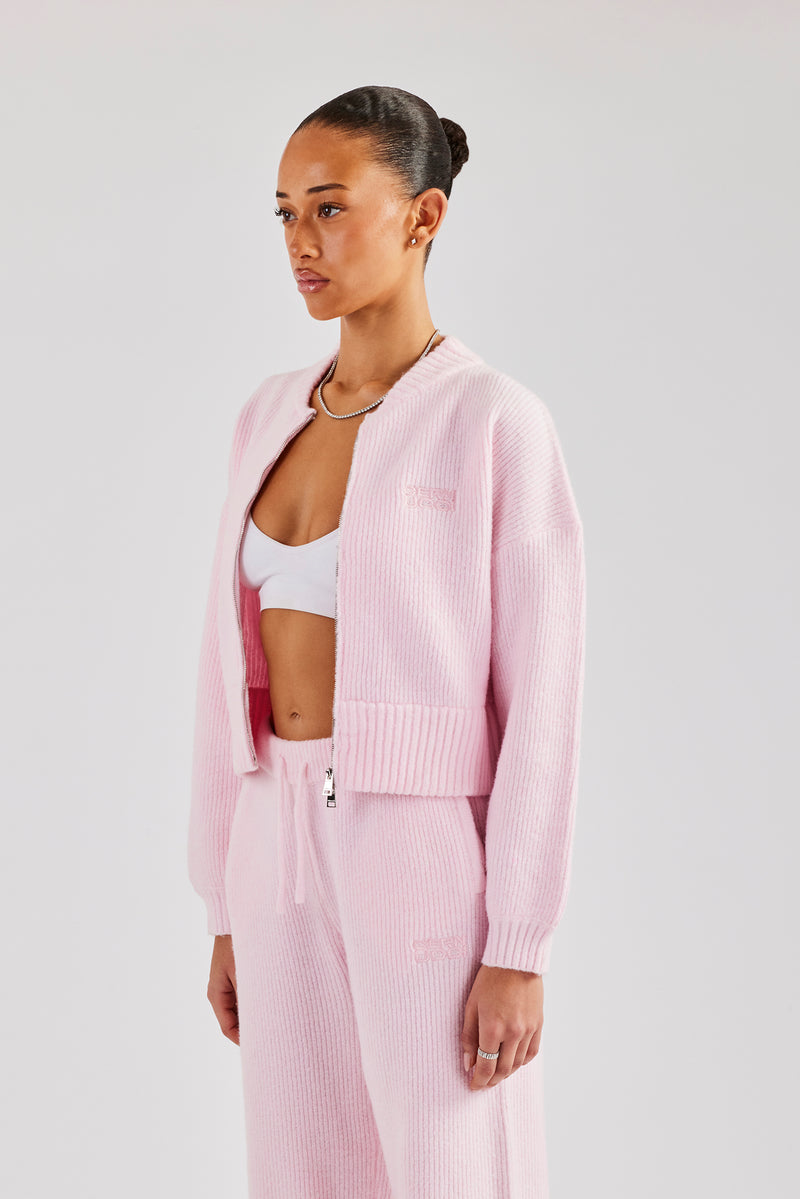 Knitted Zip Front Bomber - Baby Pink