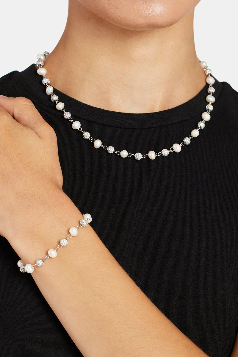 Ice CZ Ball & Freshwater Pearl Bracelet