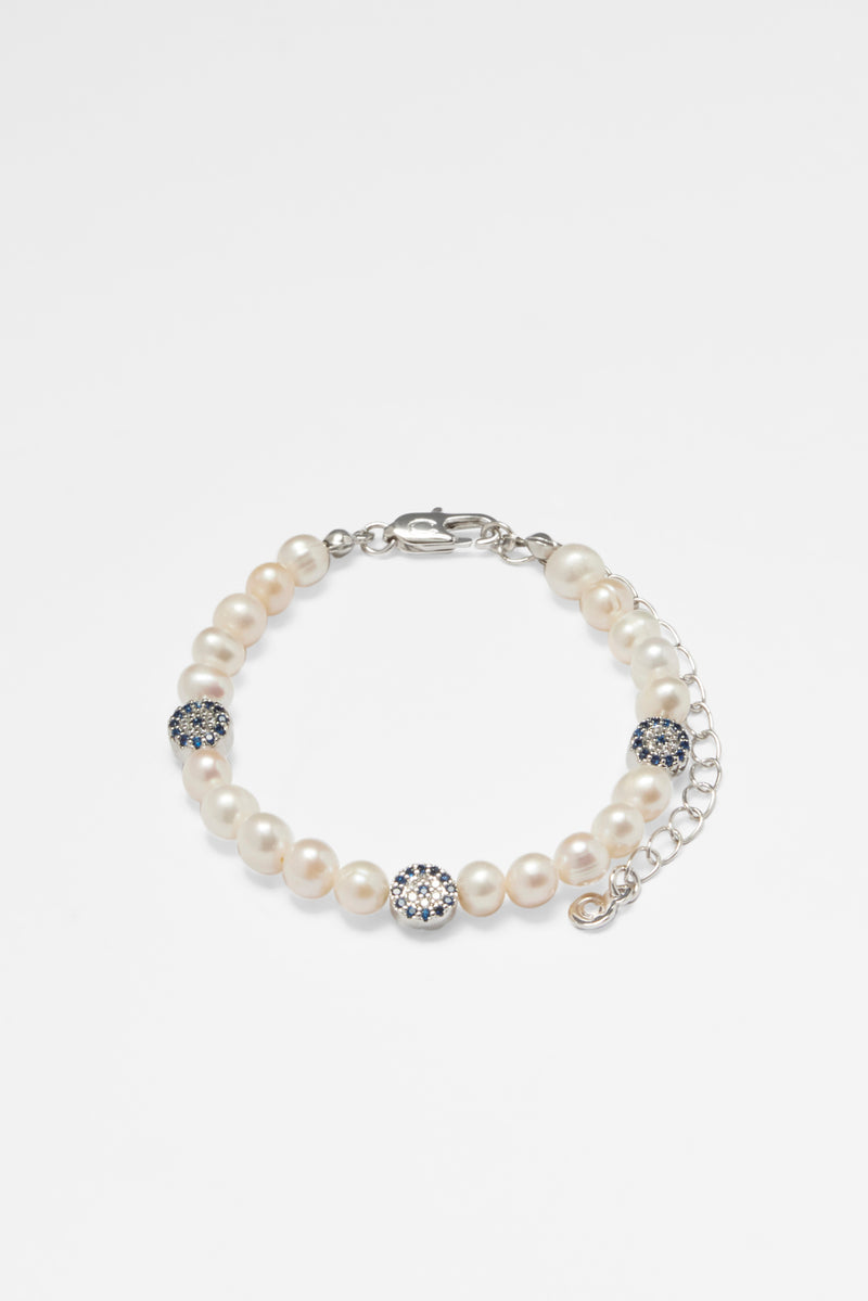 Freshwater Pearl and Iced Evil Eye Bracelet