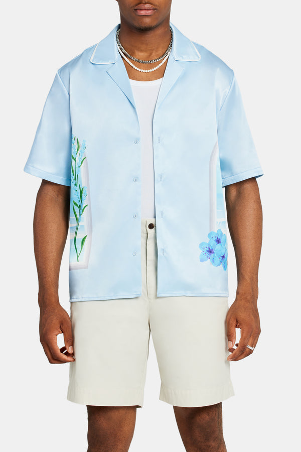 Cernucci Beach Hut Graphic Satin Shirt - Light Blue