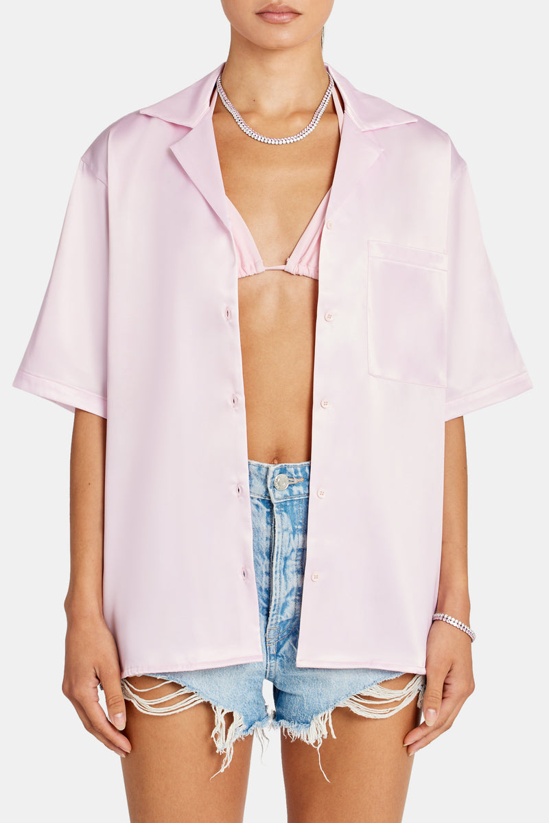 Beach Hut Graphic Satin Shirt  - Light Pink