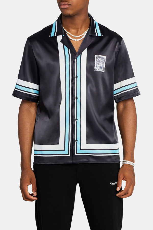 Beach House Border Graphic Satin Shirt - Black