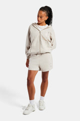 C Embroidered Zip Through Hoodie & Short Set - Stone