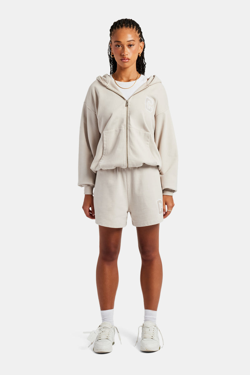 C Embroidered Zip Through Hoodie & Short Set - Stone