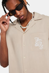 Pocket Embroidered Bowling Shirt - Taupe