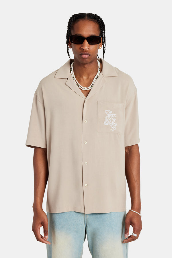 Pocket Embroidered Bowling Shirt - Taupe