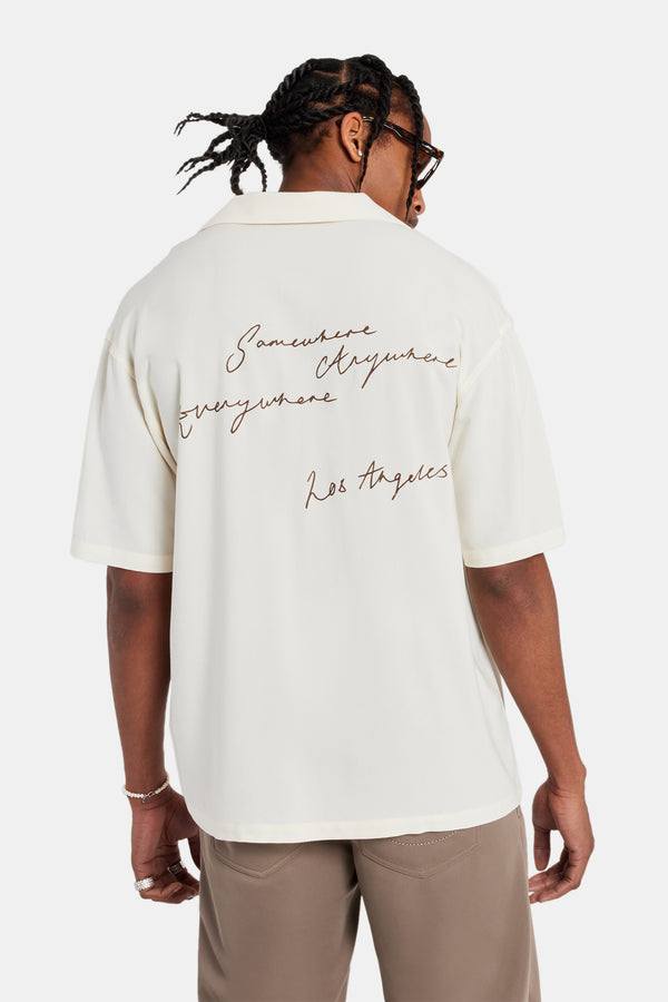 Text Print Bowling Shirt - Off White