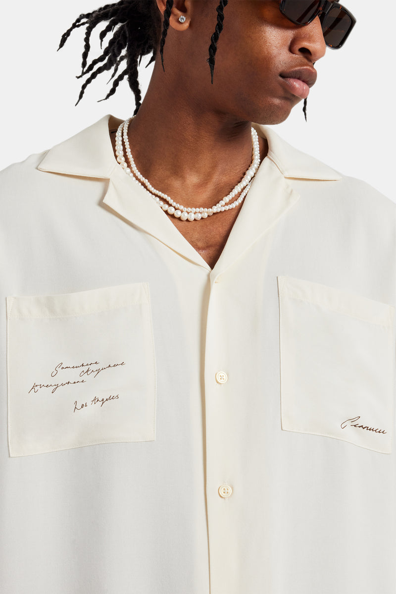 Text Print Bowling Shirt - Off White