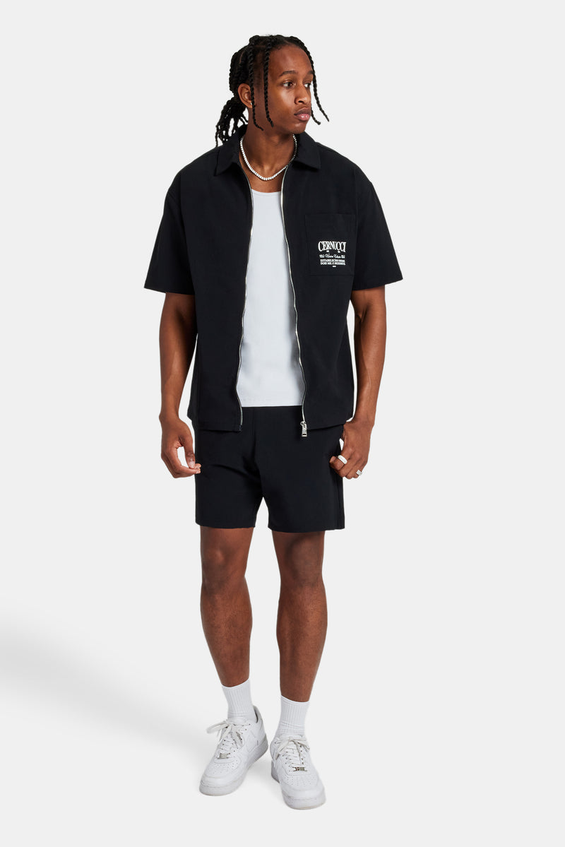 Text Pocket Zip Front Shirt & Short - Black