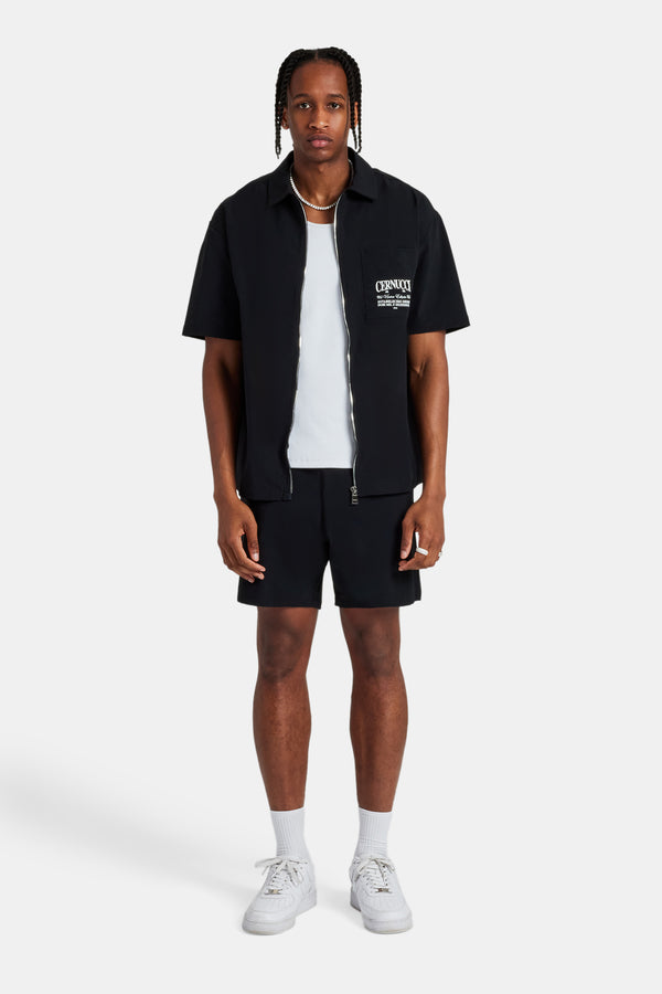 Text Pocket Zip Front Shirt & Short - Black