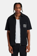 Text Pocket Zip Front Shirt - Black