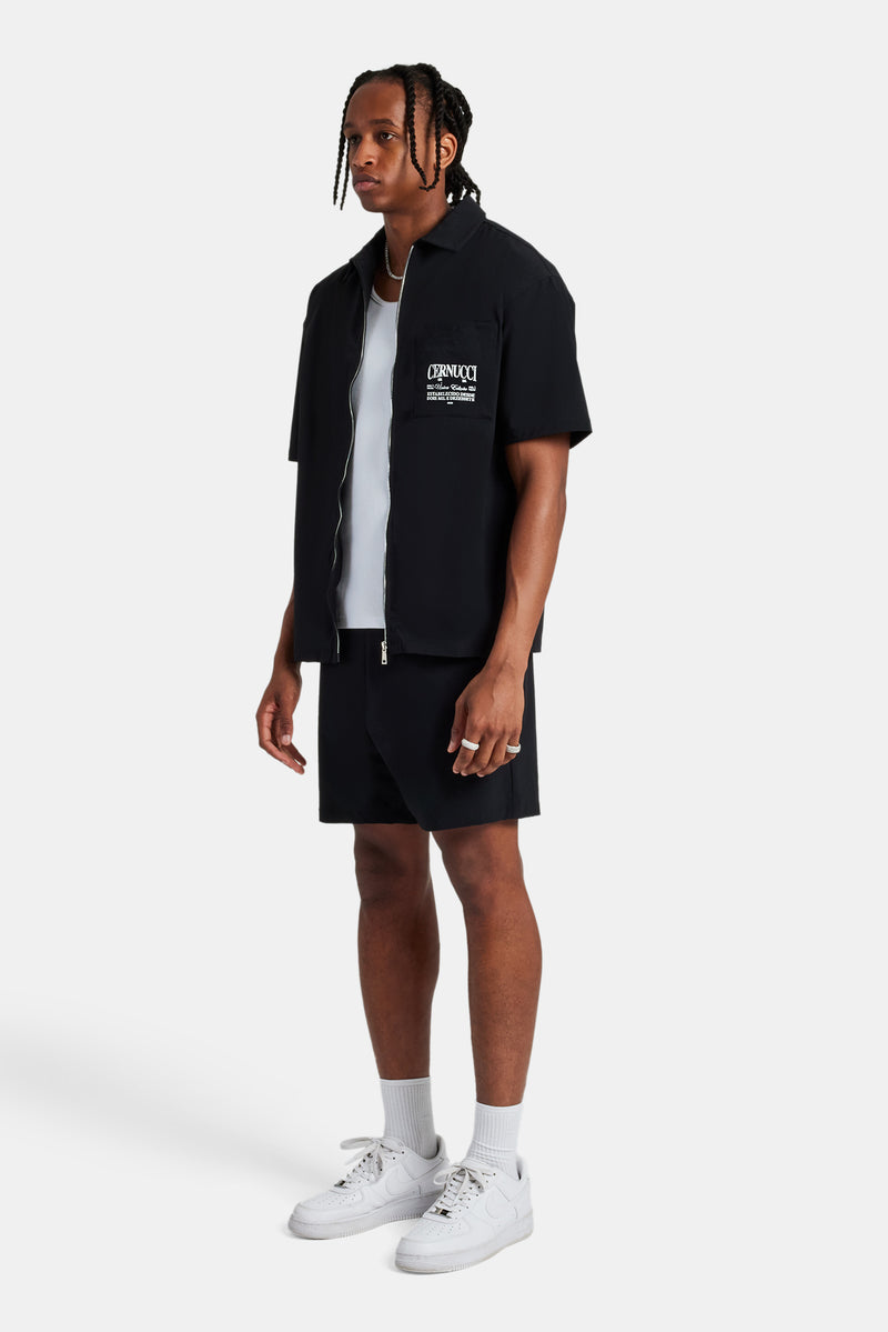 Text Pocket Zip Front Shirt & Short - Black