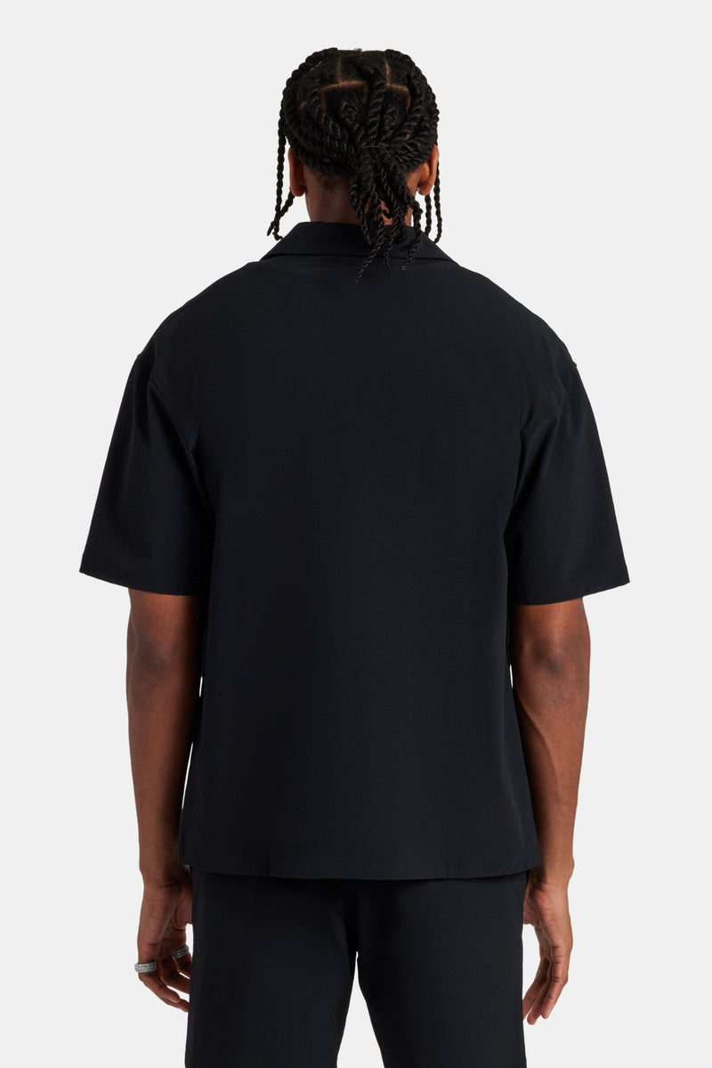 Text Pocket Zip Front Shirt - Black