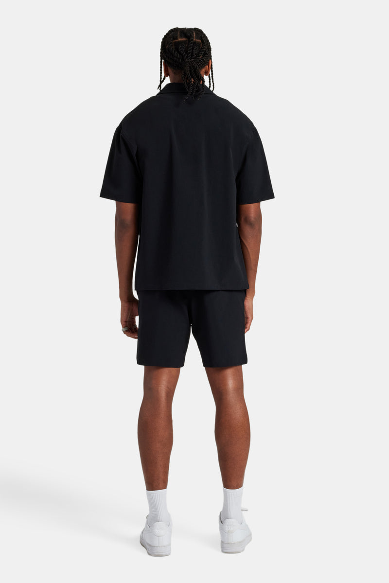 Text Pocket Zip Front Shirt & Short - Black