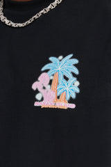 Neon Palm Chest Print Oversized T-Shirt - Black