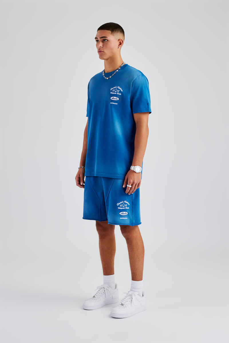 Spray Washed T-Shirt & Short Set - Blue