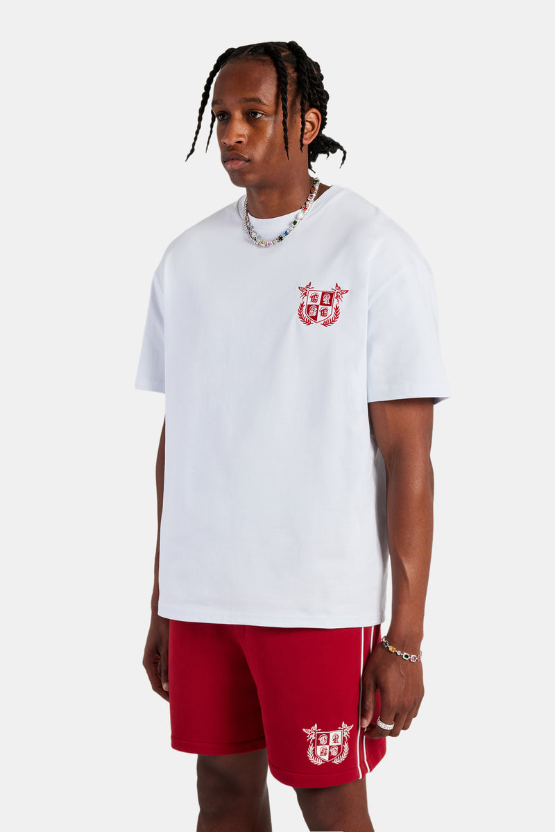 White Embroidered Crest Oversized T-Shirt & Red Jersey Short