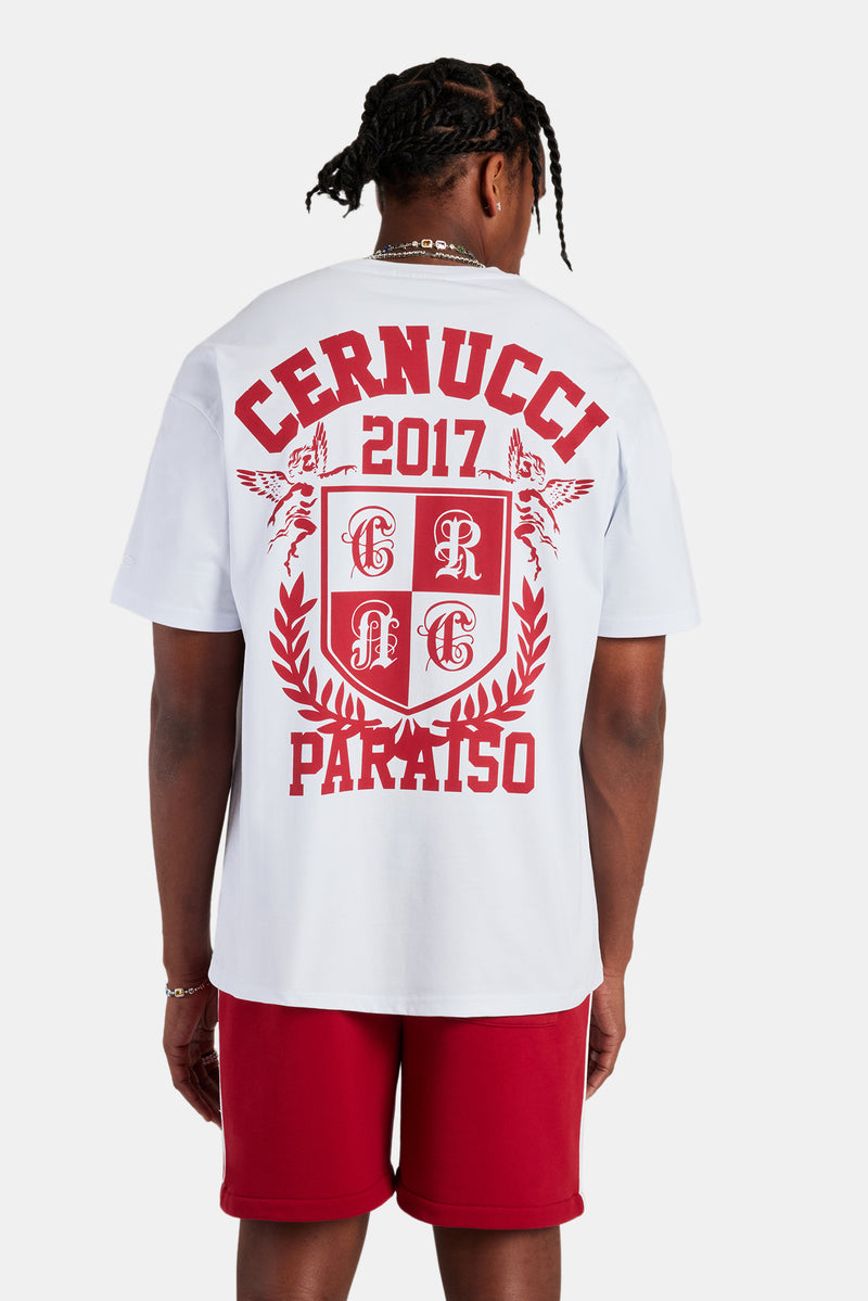 White Embroidered Crest Oversized T-Shirt & Red Jersey Short