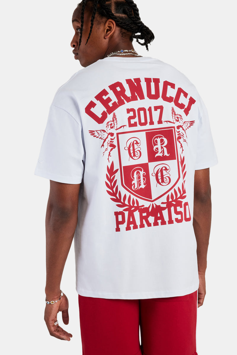 White Embroidered Crest Oversized T-Shirt & Red Jersey Short