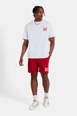 White Embroidered Crest Oversized T-Shirt & Red Jersey Short