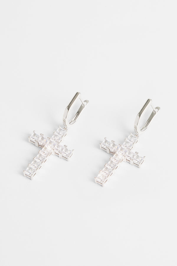 Iced Clear Cross Drop Earrings