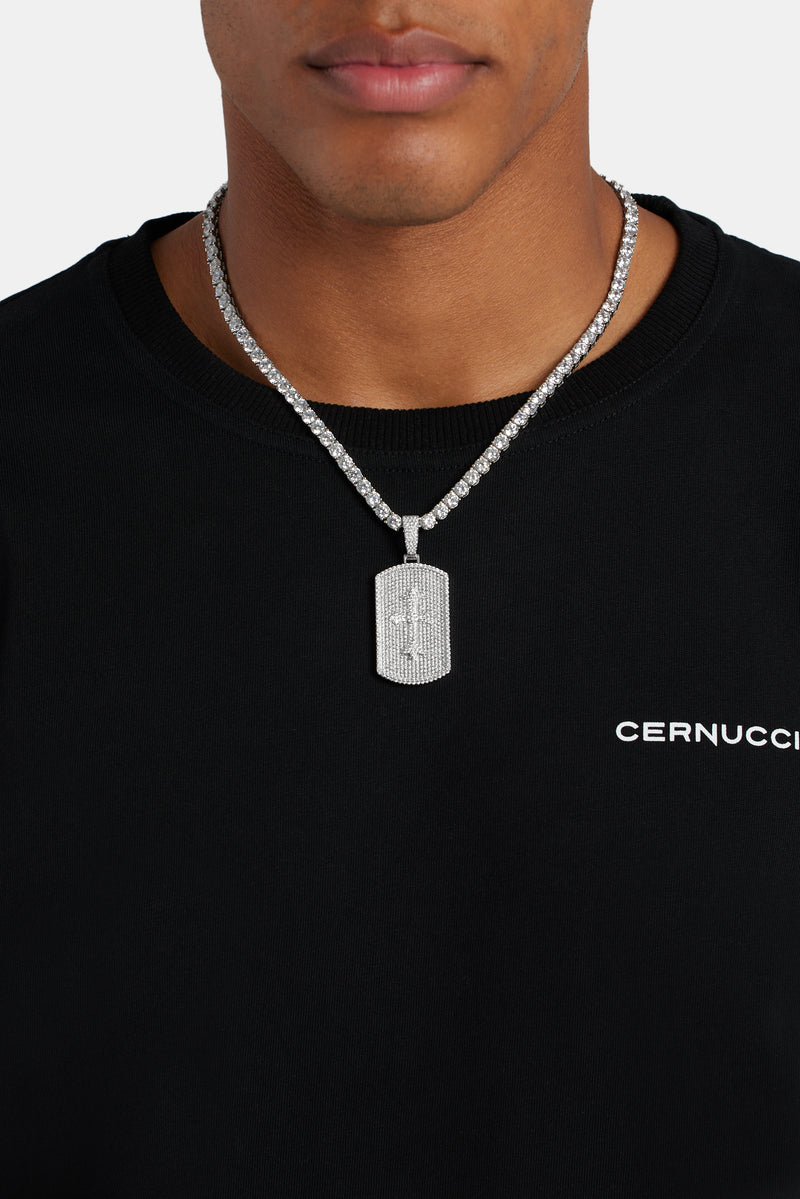 Iced CZ Debossed Celtic Cross Dog Tag Pendant