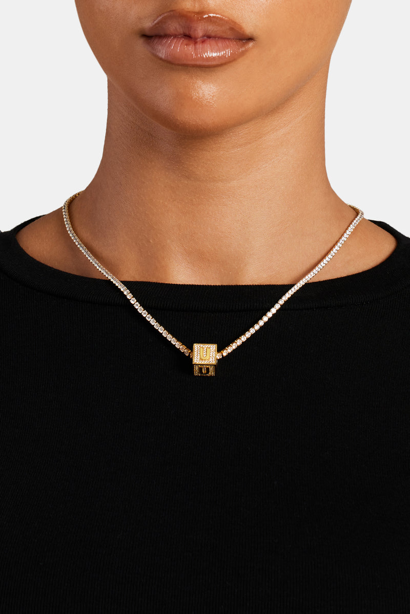 Gold Plated Iced U Letter Block Pendant