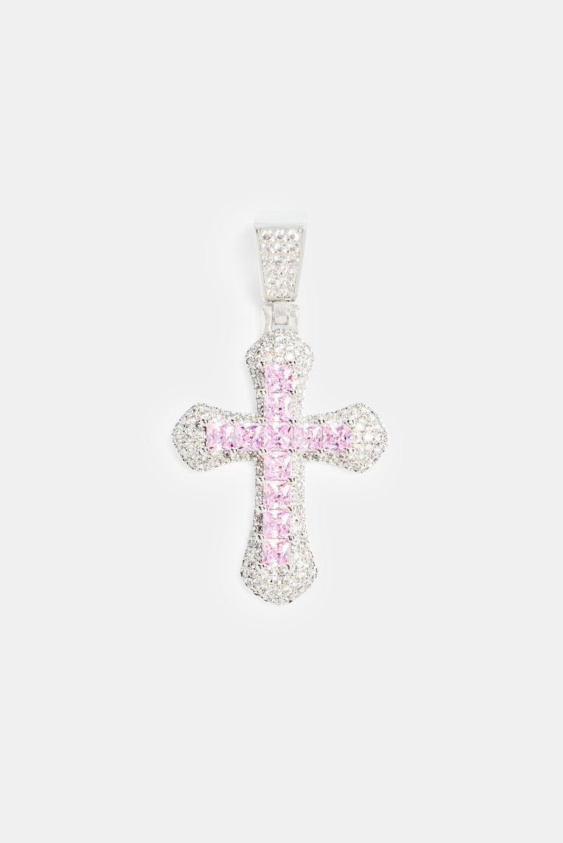 Iced Pink Square CZ Cross Pendant