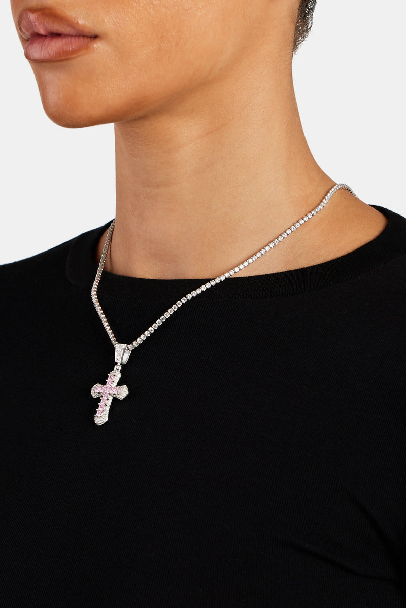 Iced Pink Square CZ Cross Pendant