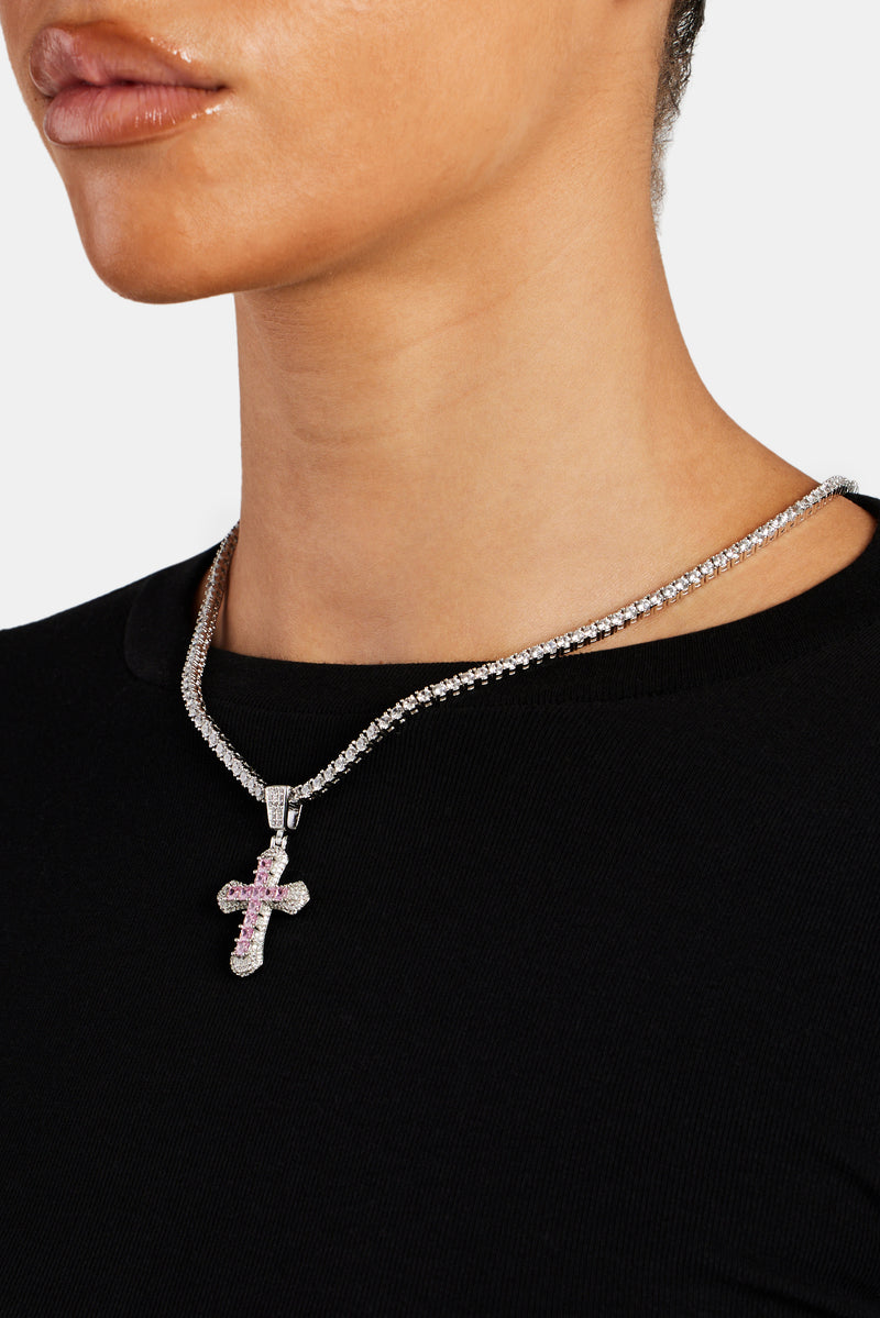 Iced Pink Square CZ Cross Pendant