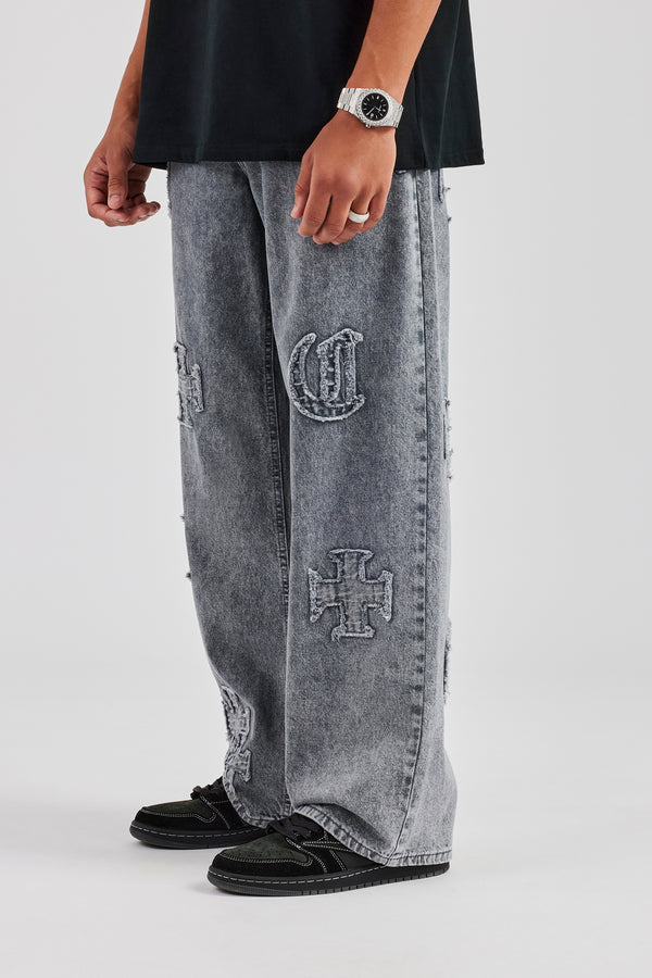 Baggy Raw Edge Applique Jeans - Grey