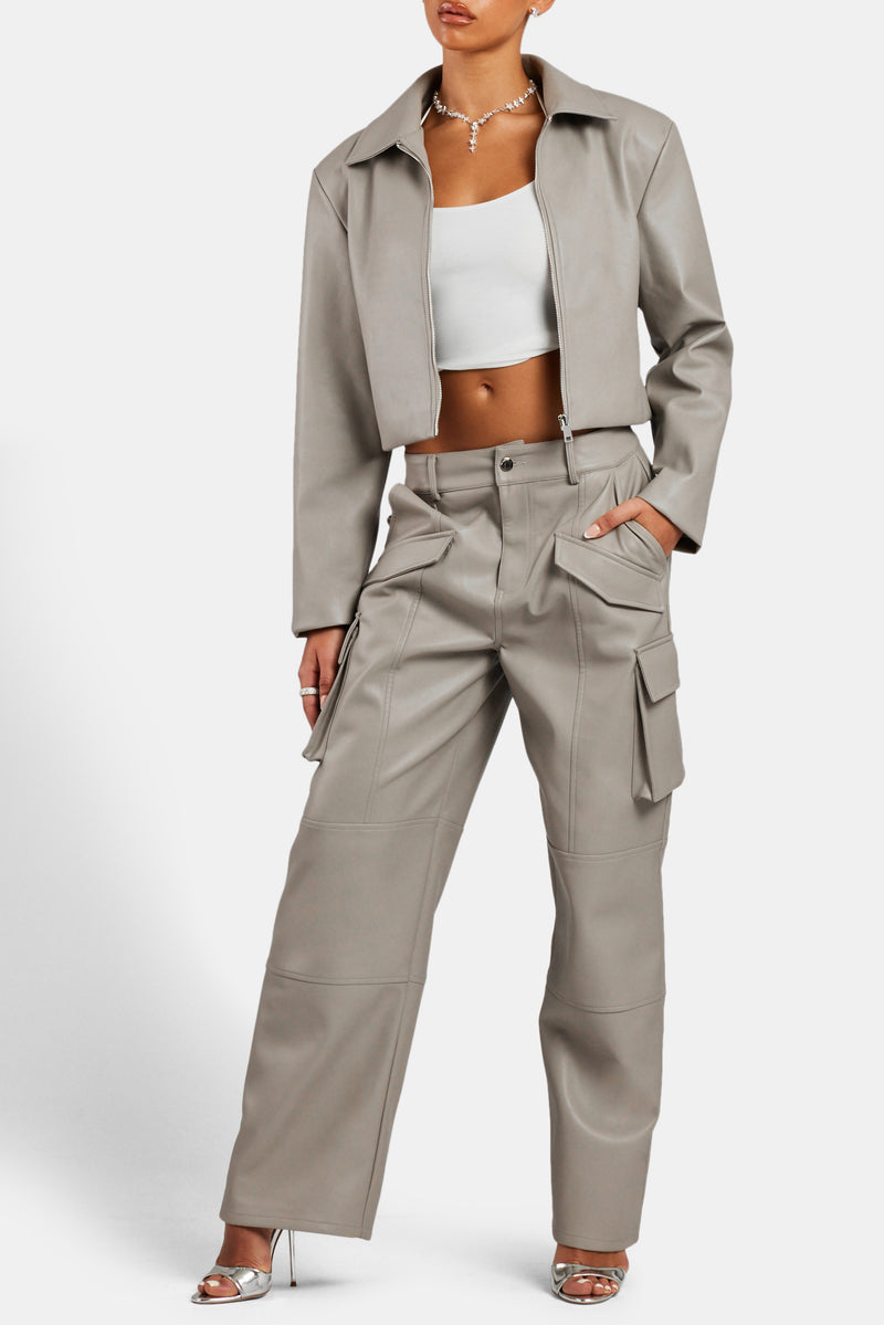 Wide Leg Faux Leather Cargo Trouser - Beige