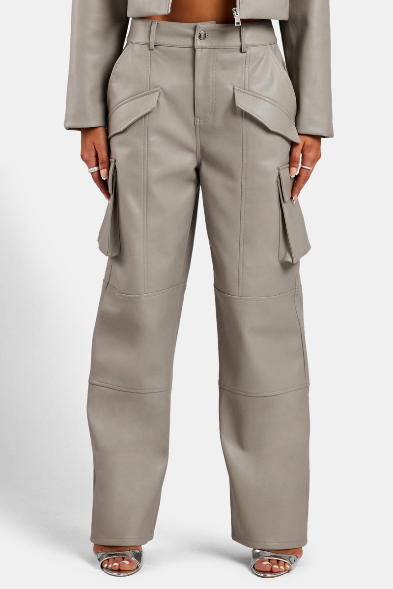 Wide Leg Faux Leather Cargo Trouser - Beige