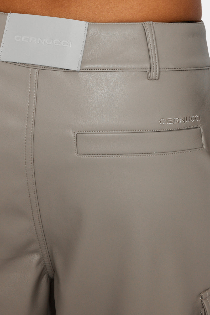 Wide Leg Faux Leather Cargo Trouser - Beige