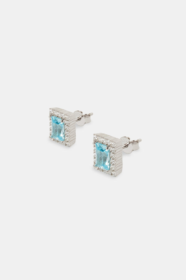 Clear & Blue CZ Cluster Square Stud Earrings - 10mm