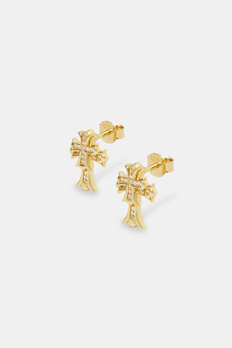 14mm Double Cross Stud Earrings - Gold