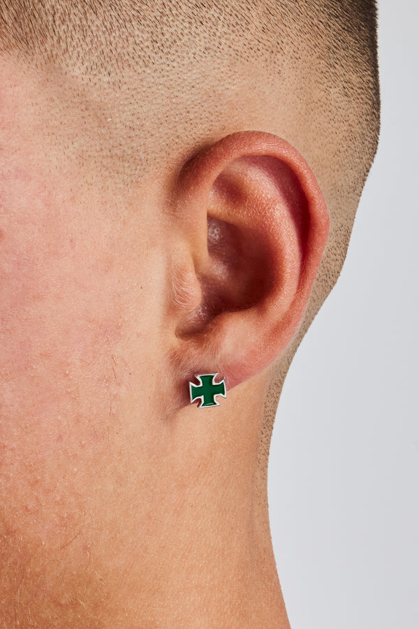 Green Enamel Polished Cross Stud Earrings - 8mm