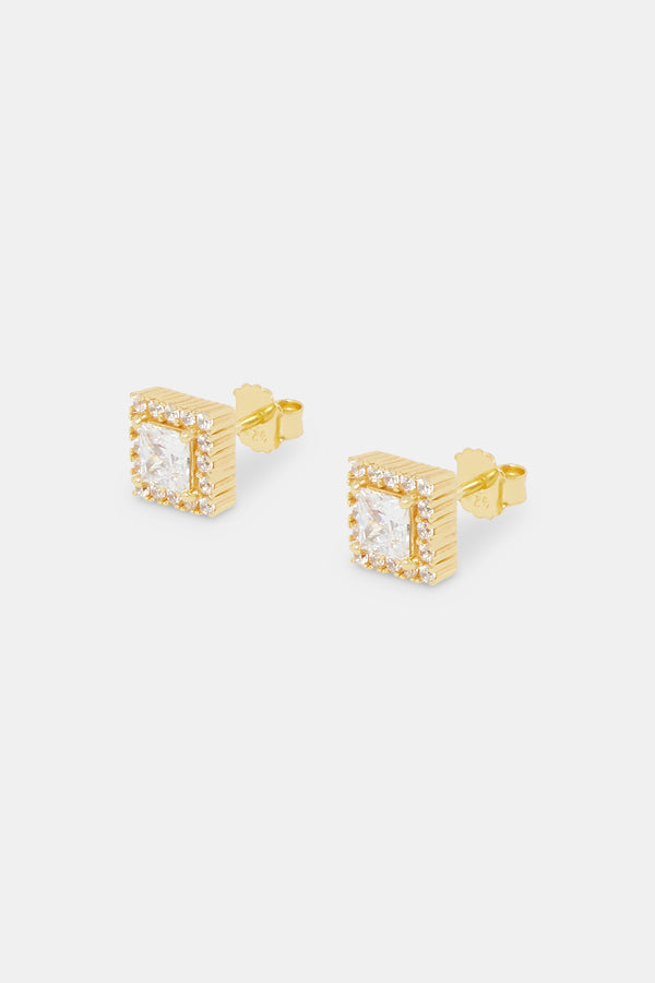 Iced Square Cluster Stud Earrings - Gold - 8mm