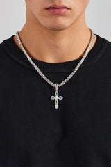 Iced Multi Colour Stone Cross Pendant & 5mm Tennis Chain