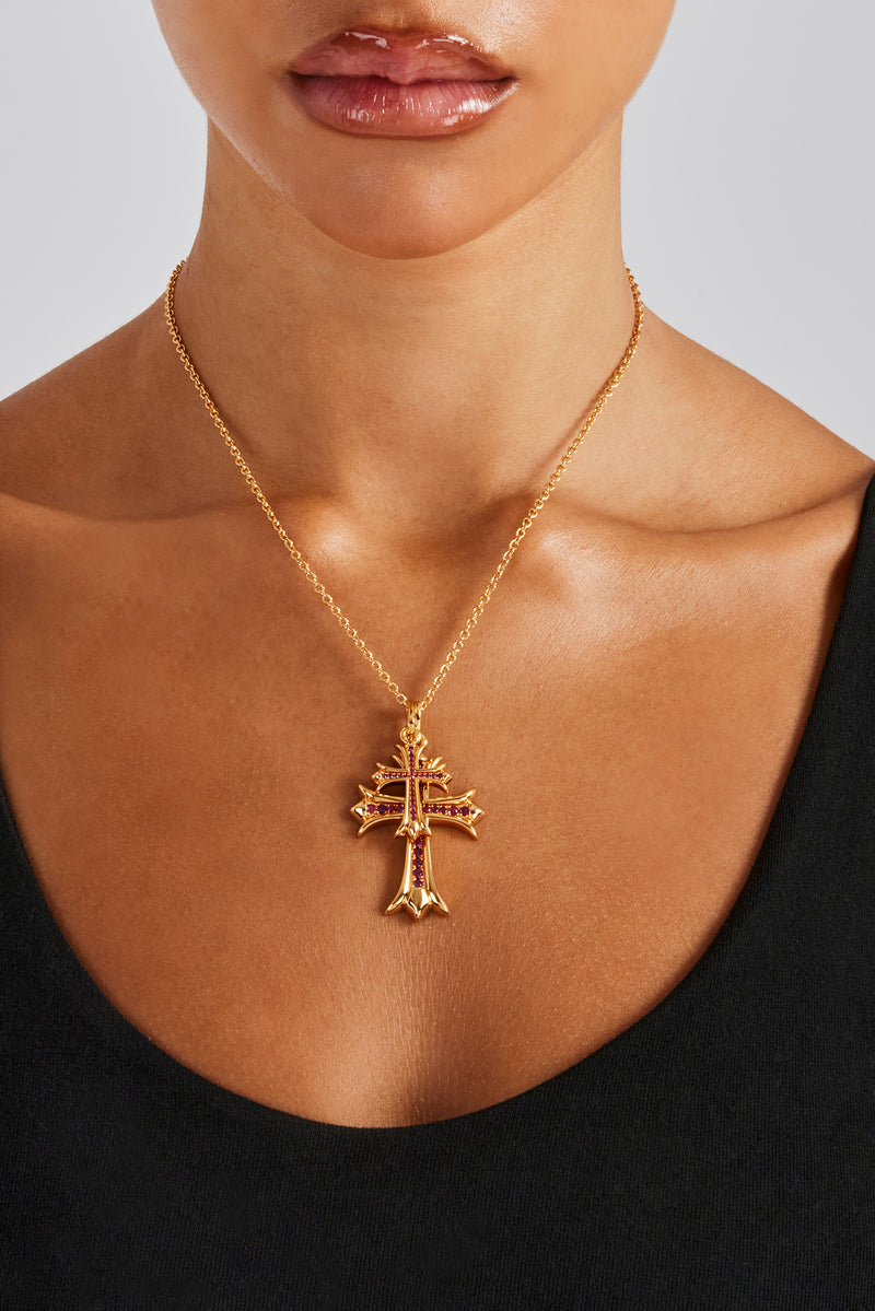 Double Cross Pink Iced Necklace - Gold 40 mm