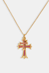 Double Cross Pink Iced Necklace - Gold 40 mm