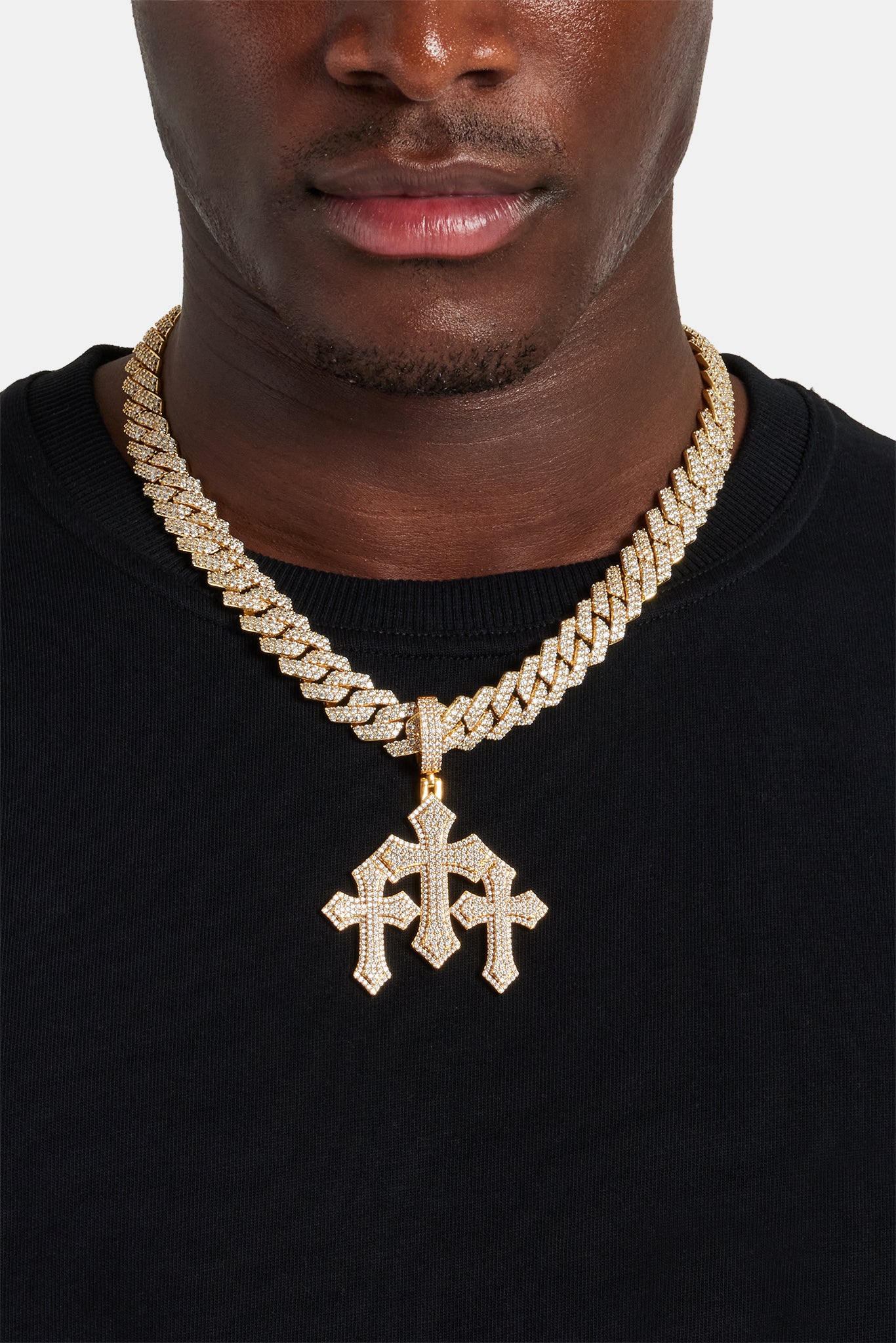 Iced Triple Cross Pendant - Gold | Mens Pendants | Shop Cross Pendants ...